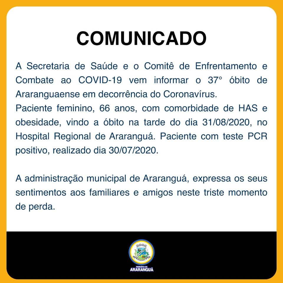 Covid-19: Mais uma morte em Araranguá - Cotidiano - 4oito