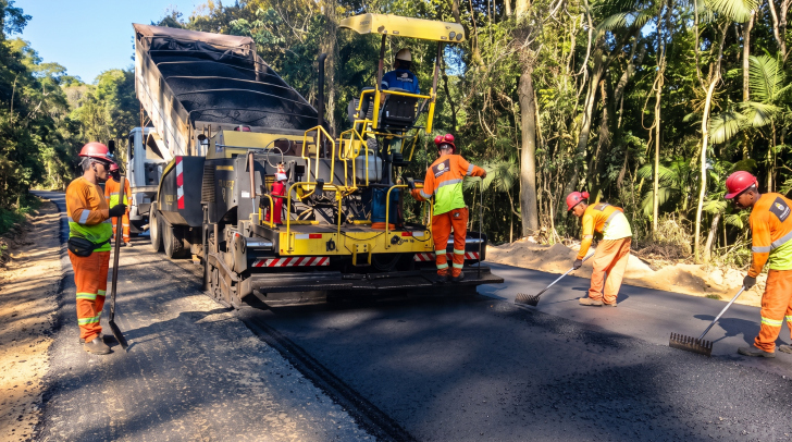 Aplicação da nova camada de asfalto marca avanço da obra na Rodovia da Imigração Italiana | Foto: Divulgação/Prefeitura de Urussangua