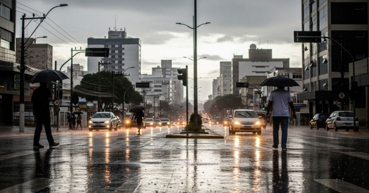 Tempo fechado e pancadas de chuva mudam o cenário na cidade | Foto: Imagem gerada com auxilio de IA/4oito