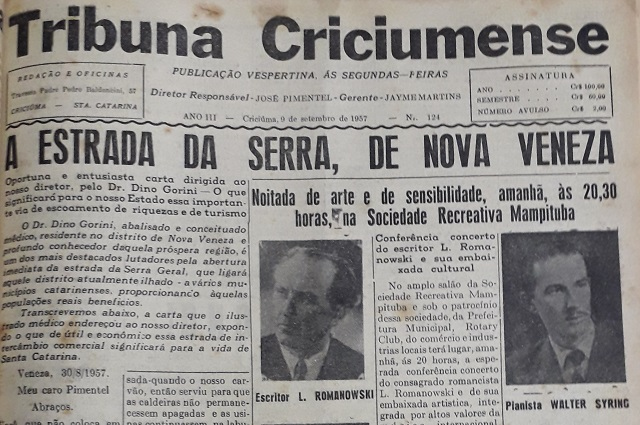 Reprodução / Tribuna Criciumense, 9/9/57