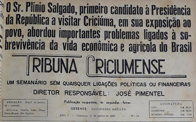 Reprodução / Tribuna Criciumense, 8/8/1955