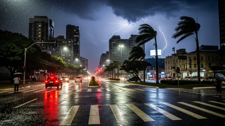 Temporais podem provocar alagamentos e transtornos em várias regiões do estado | Foto: imagem gerada com auxilio de IA/4oito