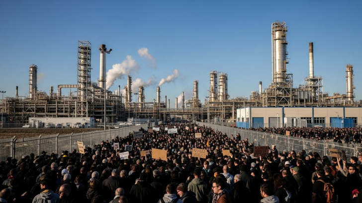 Trabalhadores participam de ato durante a greve nacional do Sistema Petrobras | Foto: imagem gerada com auxílio de IA/4Oito