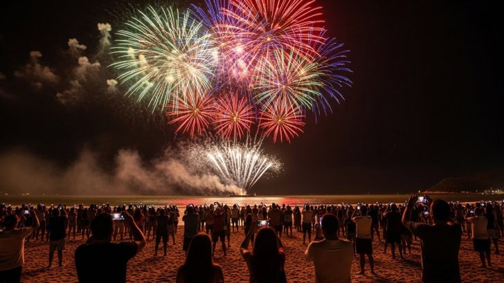 Praias lotadas e clima de festa durante o Réveillon 2026 no Sul de Santa Catarina | Foto: imagem gerada com auxilio de IA/4oito