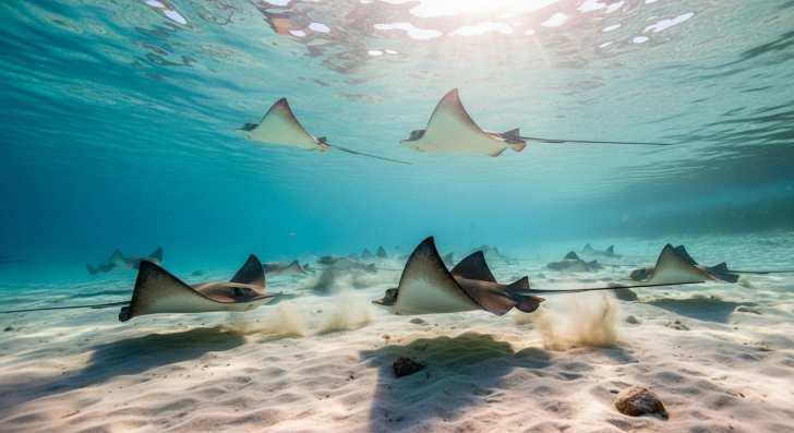 Água cristalina permitiu visualizar a concentração de arraias no litoral | Foto: Imagem gerada com auxilio de IA/4oito
