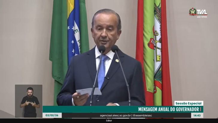Governador apresenta balanço de gestão na abertura do ano legislativo em SC | Foto: Imagem reproduzida do Youtube/4oito