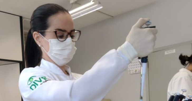 Sabrina Cardoso, autora principal da tese, realiza testagem de amostras de vírus da febre amarela no Laboratório Rona-Pitaluga da UFSC. Foto: acervo pessoal