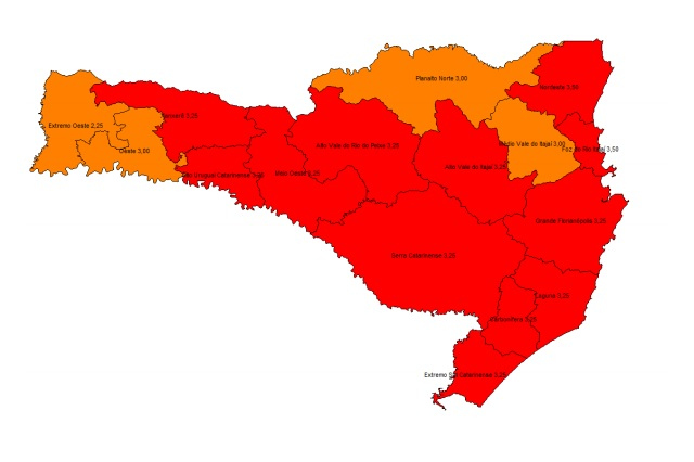 No mapa divulgado hoje, 16 das 20 regiões estão em estado gravíssimo / Reprodução