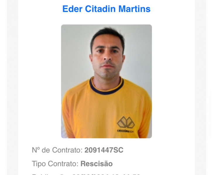 Rescisão de contrato de Eder com o Criciúma sai no BID da CBF