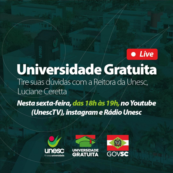 Unesc promove live para tirar dúvidas sobre o Universidade Gratuita