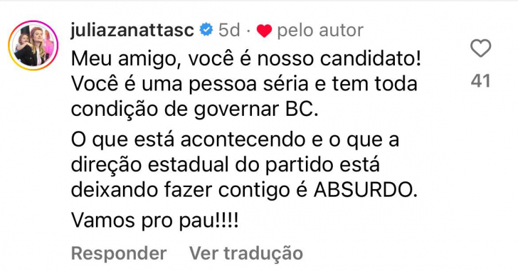 Julia Zanatta critica Jorginho Mello sobre eleições de Balneário Camboriú