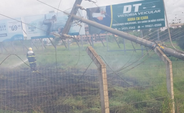 Caminhão derruba poste e causa incêndio em vegetação