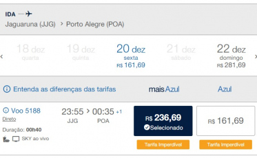 Azul abre venda de passagens Jaguaruna - Porto Alegre