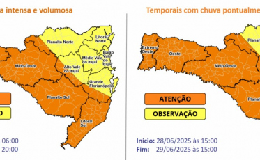 Chuvas intensas de até 150mm devem atingir Extremo Sul de SC, alerta Defesa Civil