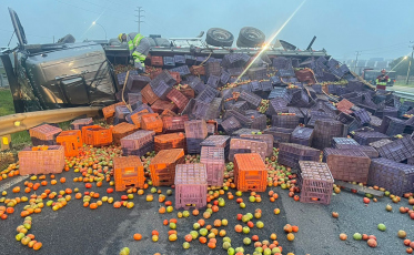 Caminhão de tomate tomba e interrompe trecho da BR-101 em Sangão