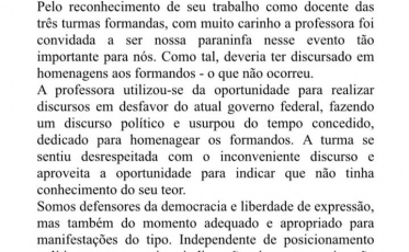 Formandos de Direito se manifestam sobre discurso da paraninfa