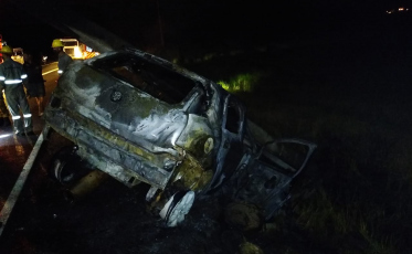 Veículo bate em poste e é destruído por chamas