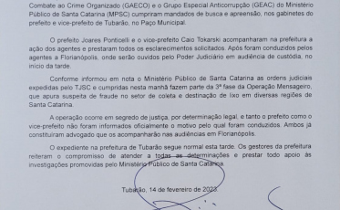 Operação Mensageiro: Prefeitura de Tubarão emite nota após prisão preventiva de prefeito e vice
