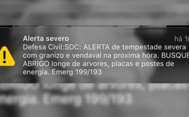 Defesa Civil emite alerta severo de tempestade com granizo e vendaval para a próxima hora