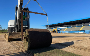 Novo gramado começa a ser colocado no Estádio da Montanha 